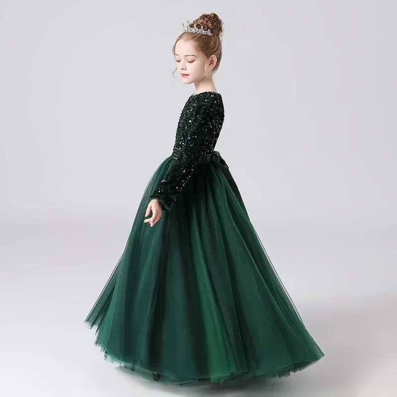 Girl's Concert Solo Dress Children's Piano Performance Dress Dark Green Middle School Host Dress