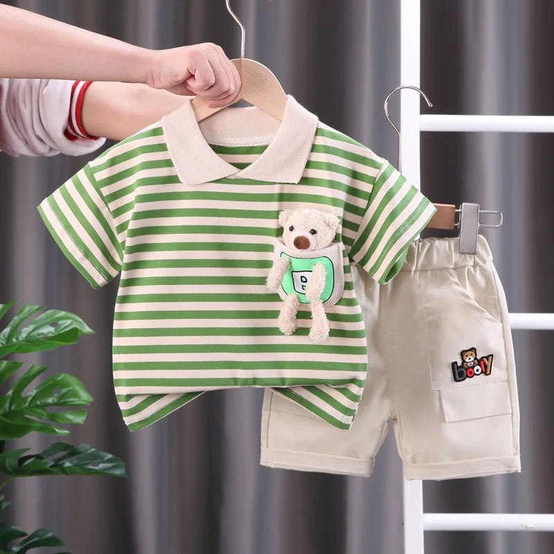 Fashion Summer Kids Baby Boys Striped Suits Short Sleeve T-Shirt with Doll+Shorts Casual Clothes Outfit Girls Clothing 2PCS/Set