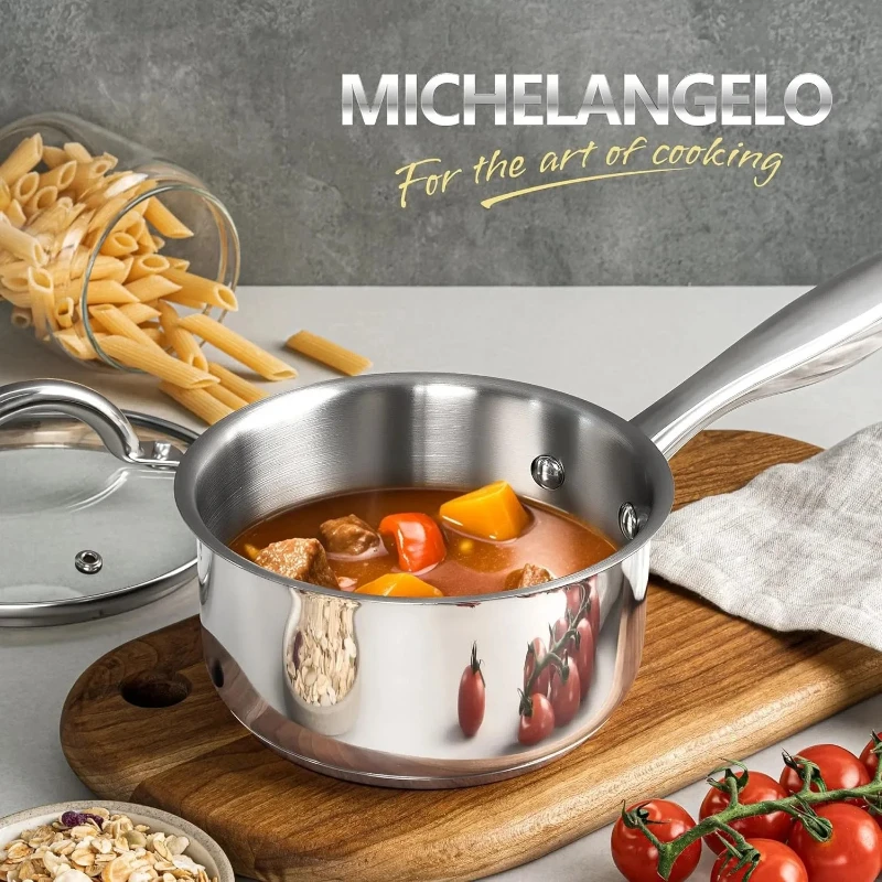 

MICHELANGELO Stainless Steel Sauce Pot Set with Spout & Filter Glass Lid Tri-Ply Bottom Milk Pot Stewpot Induction Compatibility