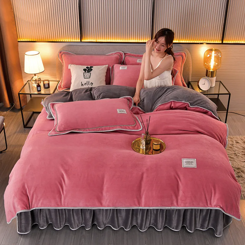 

Bed skirt, milk velvet, four piece bed set, winter thickened coral velvet bedding, double-sided velvet duvet cover, flannel