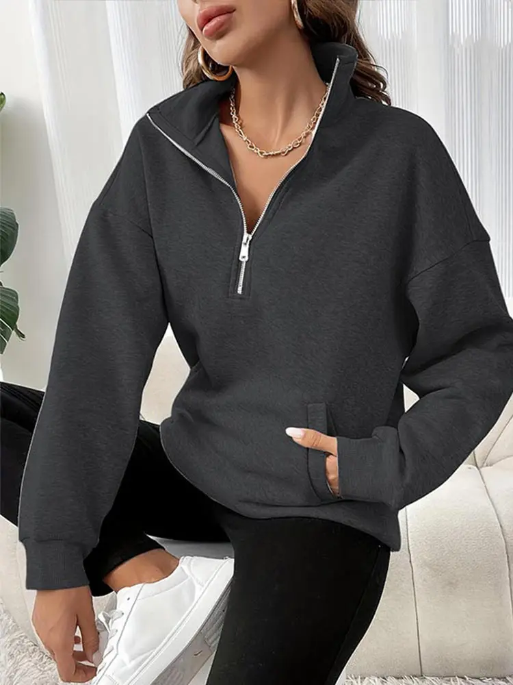 Casual Sweatshirts Women Pullover Half Zip Long Sleeves New Overzised Solid Color Stand Collar Hoodie Fashion Loose Female Tops