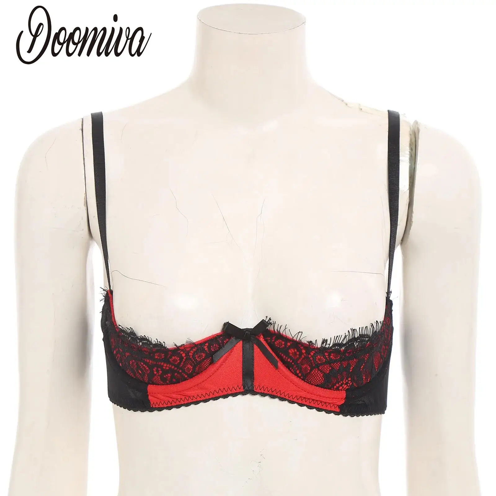 

Women Sheer Lace Lingerie Sexy 1/4 Cups Bare Exposed Breast Underwire Push Up Bra Adjustable Straps Unlined Brassiere Tops