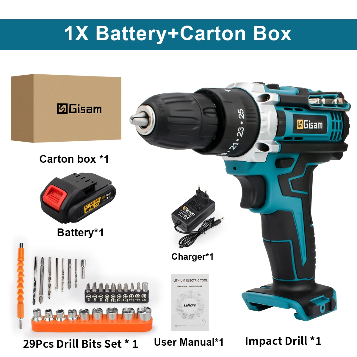 Gisam 25+3 Drehmoment-Schlagschrauber Multifunktionaler Akku-Schlagbohrer Heimwerker-Elektrowerkzeug für Makita 18V Akku