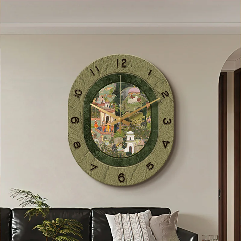 French Retro Wooden Wall Clock Antique Restaurant Decorative Painting Creative Wall Clock Green Clock Painting Watch Home Decor