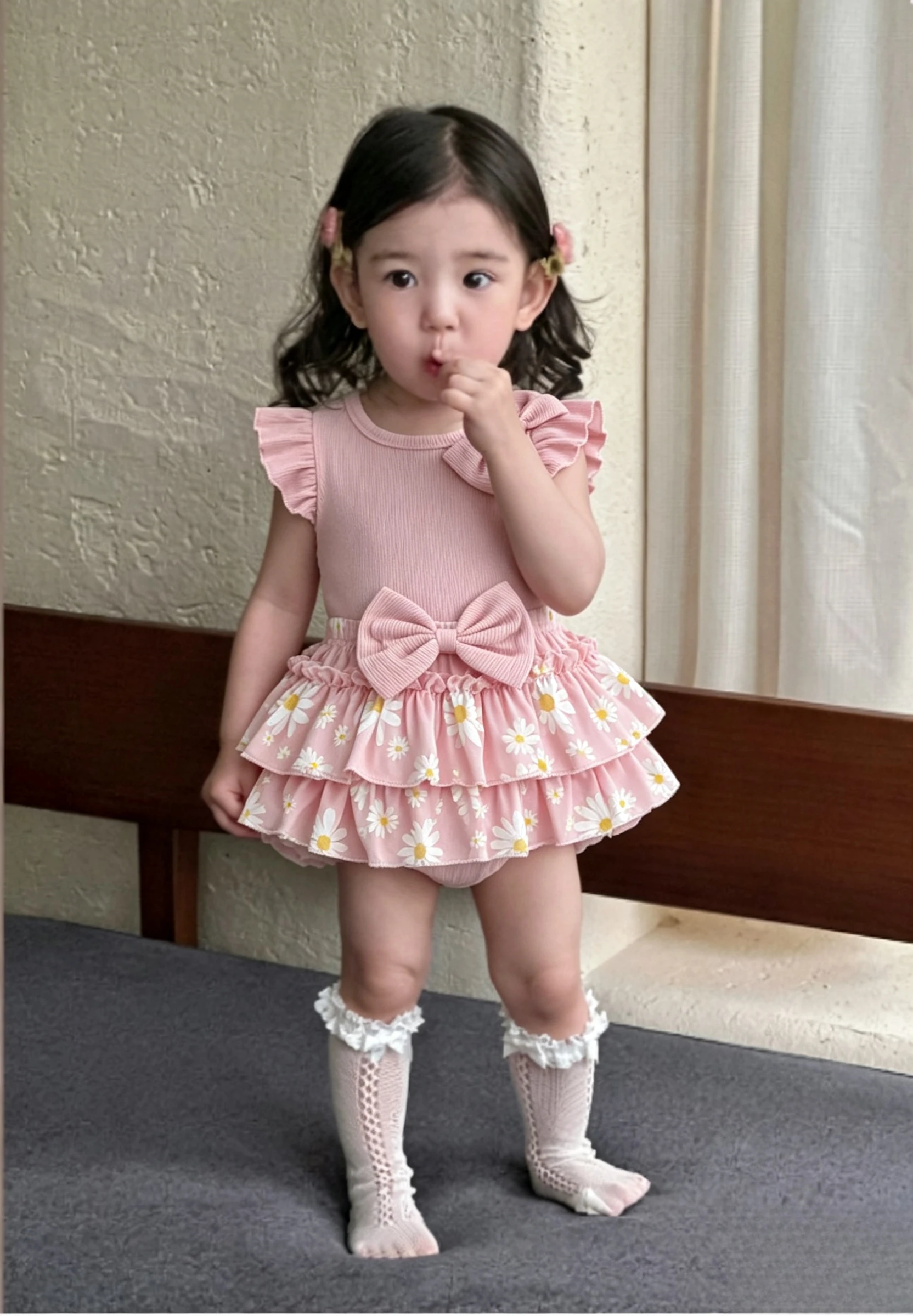 2026 Summer Butterfly Bow Bodysuit Two-Piece Floral Dress Set Pink Short Sleeve Romper for Baby Girls