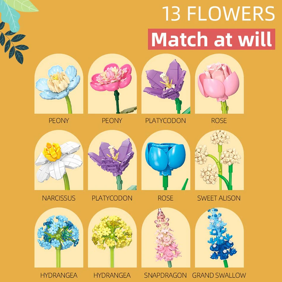 Decorazioni per la casa creative Bouquet di fiori eterni Blocchi di costruzione Rosa Narciso Peonia Pianta simulata Mattoni Giocattolo Regalo di San Valentino