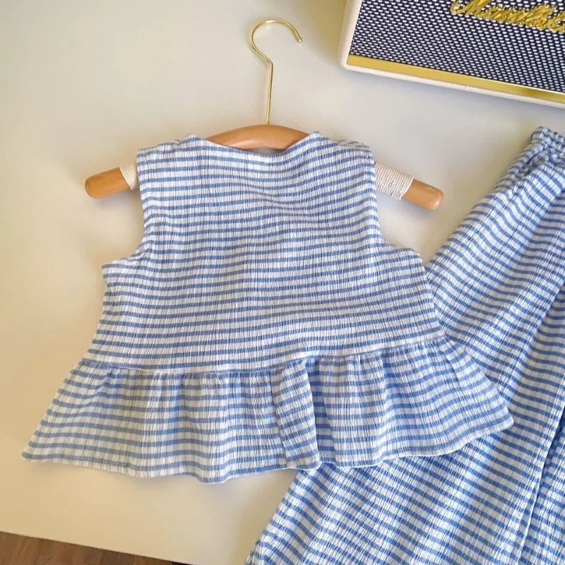 2024 Kids Sunmmer Baby Girl Clothes Sets Cute Blue Plaid Suit Vest + Wide-leg Pants 2 Piece Set Toddler Outfit Set 3-8y