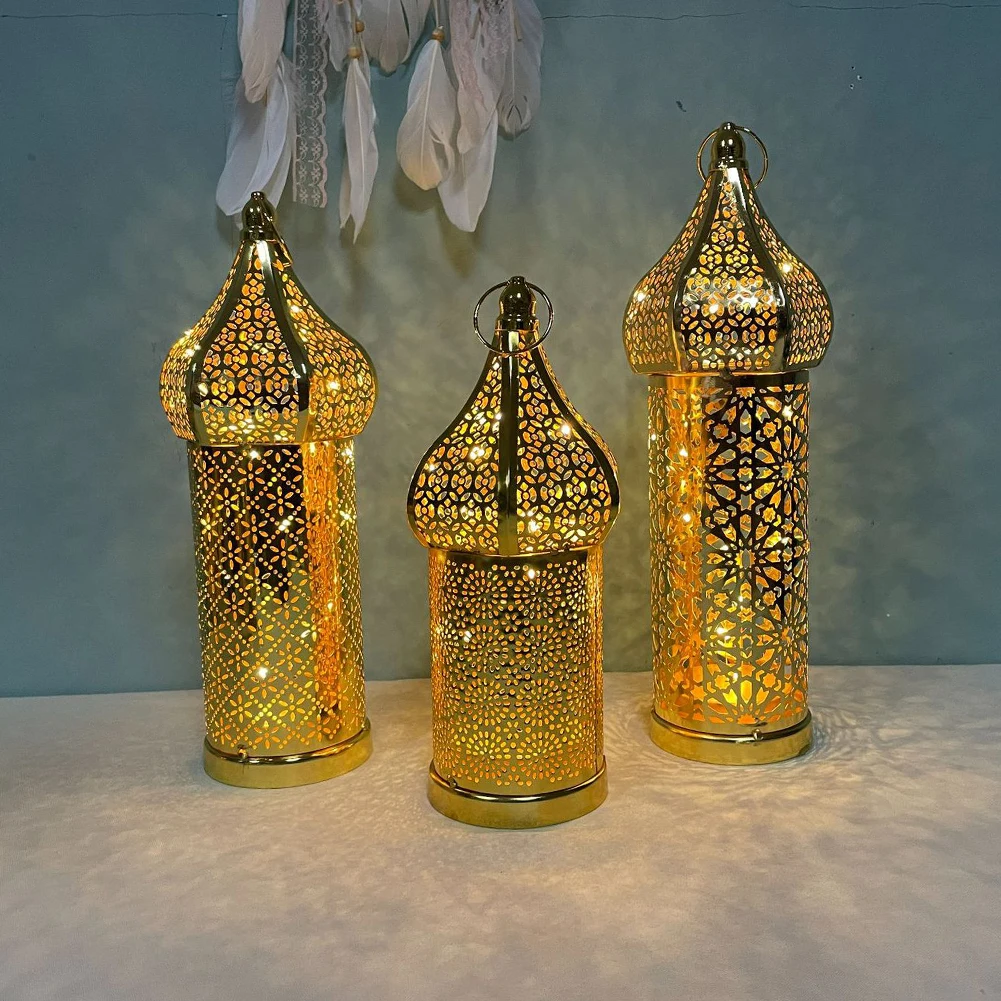 1PC Moroccan Golden Hollow Iron Lantern Ramadan Home Decoration Light Ornaments Gold Lanterns Moroccan Home Crafts Decoration 