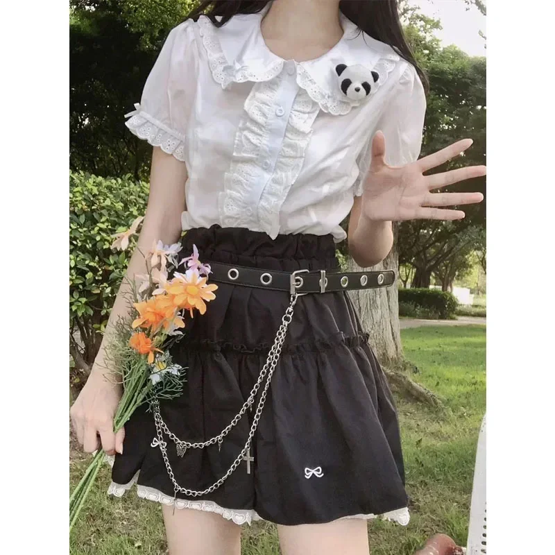 2024 New Blouses White Women Cute Lace Tops Ruffle Shirts Vintage Puff Sleeve Japanese Preppy Style Sweet Tops