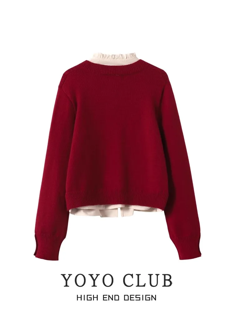 

YOYO CLUB plus Size Women's Knitwear Red New Year Splicing Sweater Sweet Sle Fitted Woolen Winter Faion Single Piece
