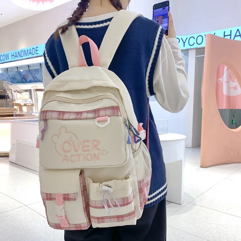 

New Forest Style Clear Plaid Color Block Backpack Travel Backpack Wear-resistant Multi-pocket Cute
