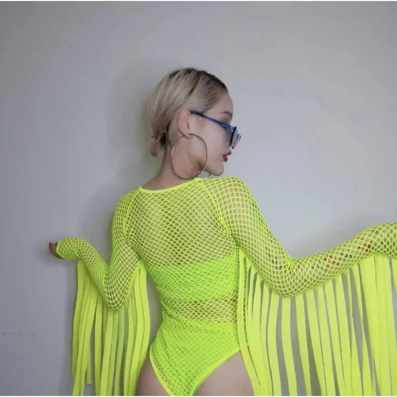 Cosjie ジャズダンス衣装ネオングリーンタッセルジャンプスーツナイトクラブゴーゴーダンサーステージヒップホップの服 Dj スーツ女性絶賛ボディスーツ