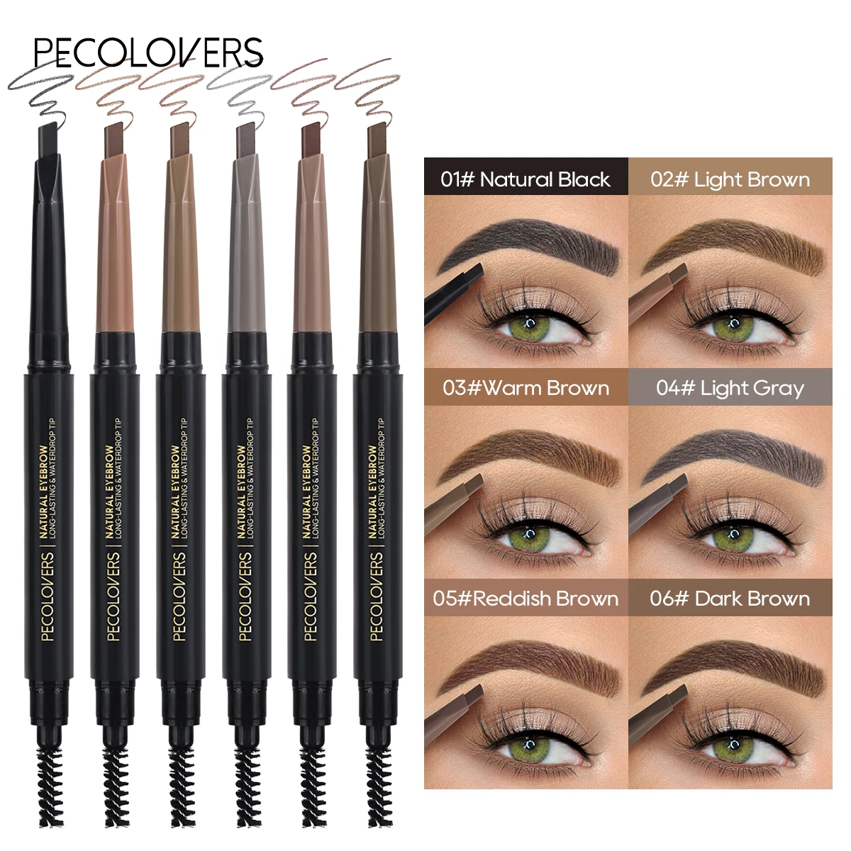Lápiz de cejas de punta Triangular de doble punta con pincel, resistente al agua y duradero y 6 colores, perfecto para todo tipo de piel