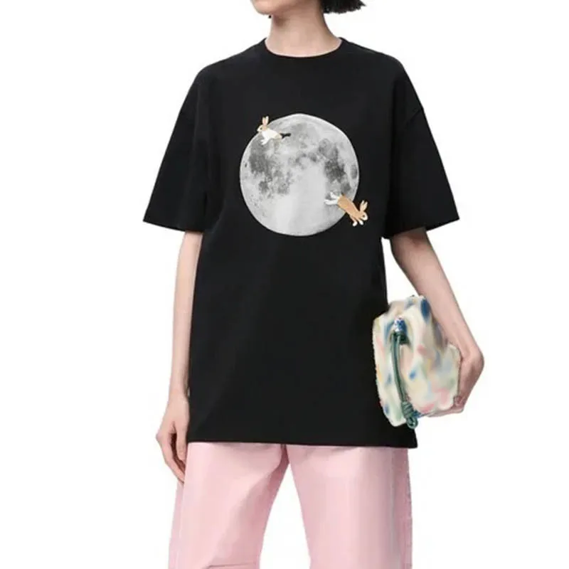 Women's Pure Cotton Rabbit Printing T-shirts Classic Black Short Sleeve O Collar Oversize Top Elegant High End Clothes 2025 New