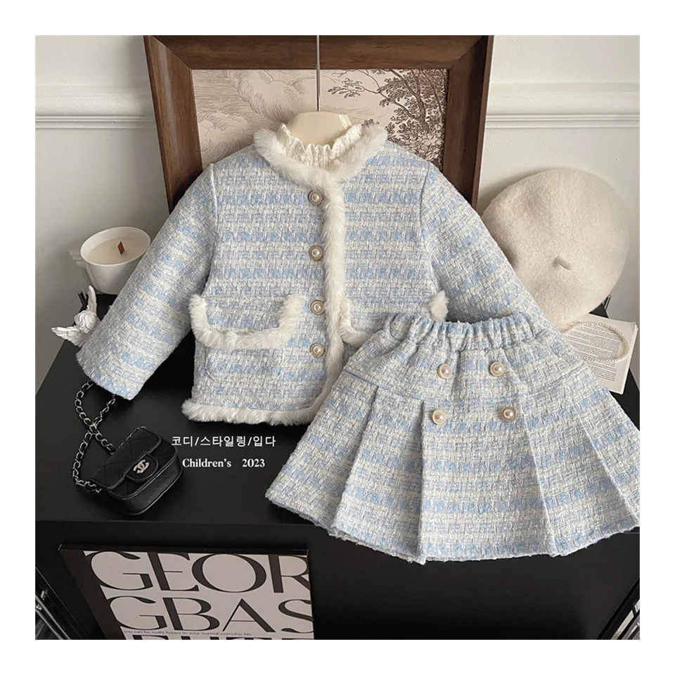 Kinderbekleidungssets Tweed-Duftanzug Fleece-Mantel + Plissierter Rock 2-teiliges Set Baby-Mädchenkleidung Kinderkleidung 2 bis 7 Jahre – Detail 2