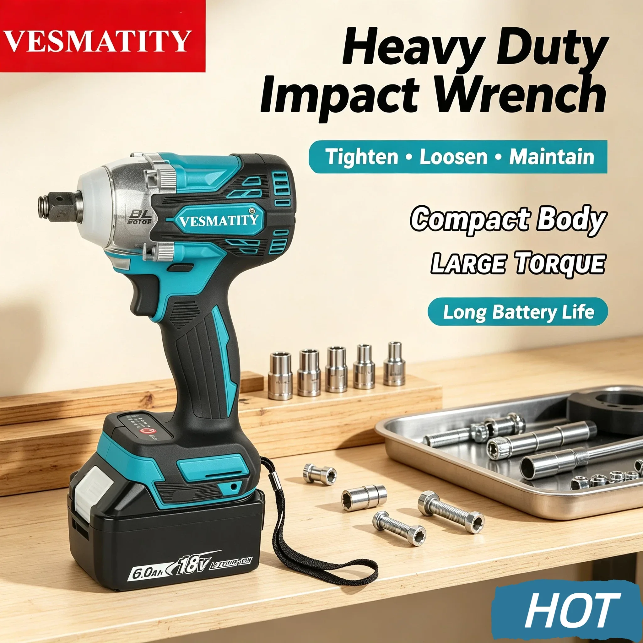 Vesmatity 330Nm Wind Cannon Brushless Impact Wrench Cordless Tire Removal Lithium Tool Auto Repair 18V 20V Battery Max HD