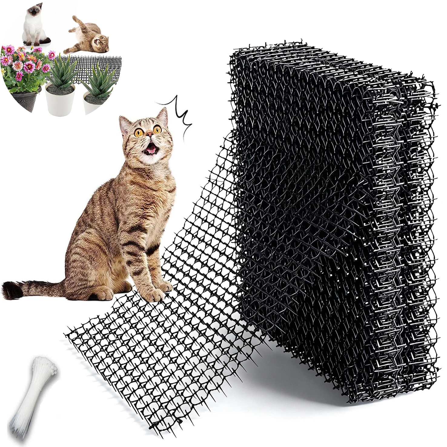34*42cm Katzenabwehrmatte mit 100 Kabelbindern, 10er-Pack Katzenabwehrnetz, Haustier-Abschreckmatte für Gartenzaun & Tierbarriere