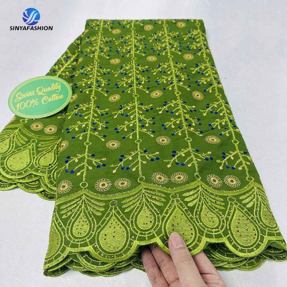 

Sinya Green African Cotton Lace Fabric With Stones 2024 High Quality Swiss Lace Fabric For Sewing Women Wedding Party Dress