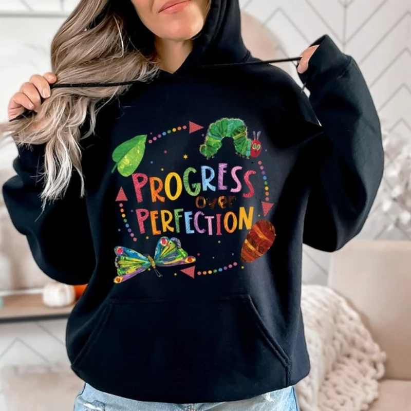 

Teacher Sweatshirt Progress Over Perfection Sweater Teachers Gift Butterflies Long Sleeve Crewneck Teacher Appreciation Cartoon