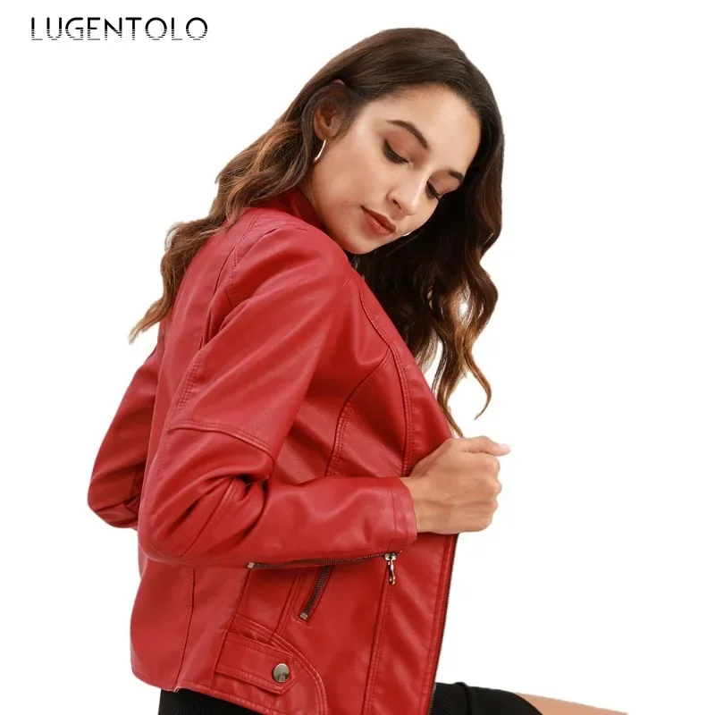 Jaqueta de couro sintético PU feminino, cardigã de motociclista, à prova de vento, casaco quente, gola, Slim, Zip, monocromático, moda, disponível, 4XL, 2024