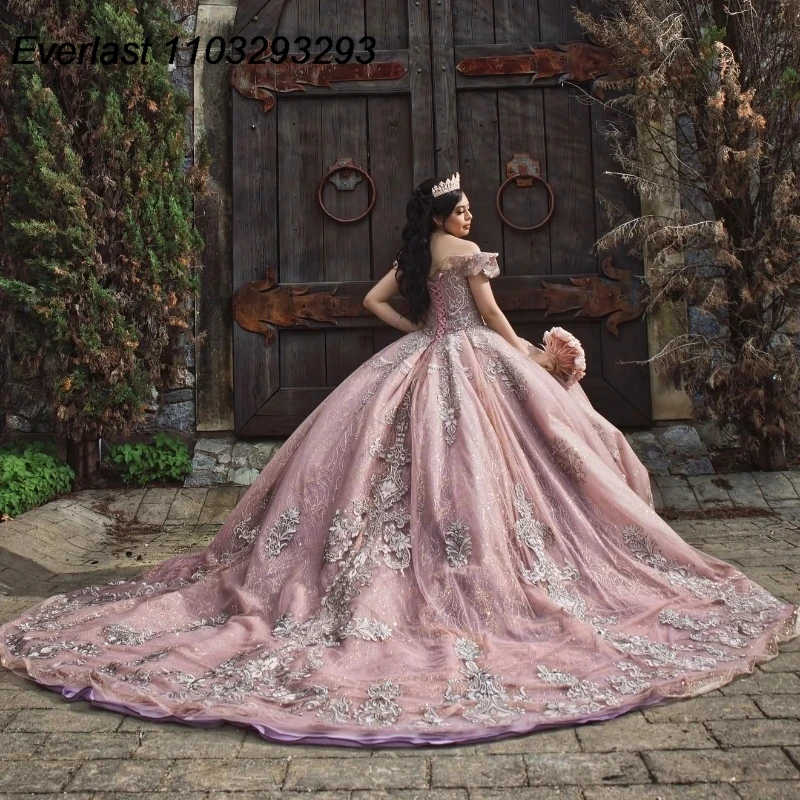 

Блестящее розовое платье EVLAST для Quinceanera, бальное платье, серебряная Кружевная аппликация из бисера, корсет с открытыми плечами, милое платье 16, 15 лет TQD348