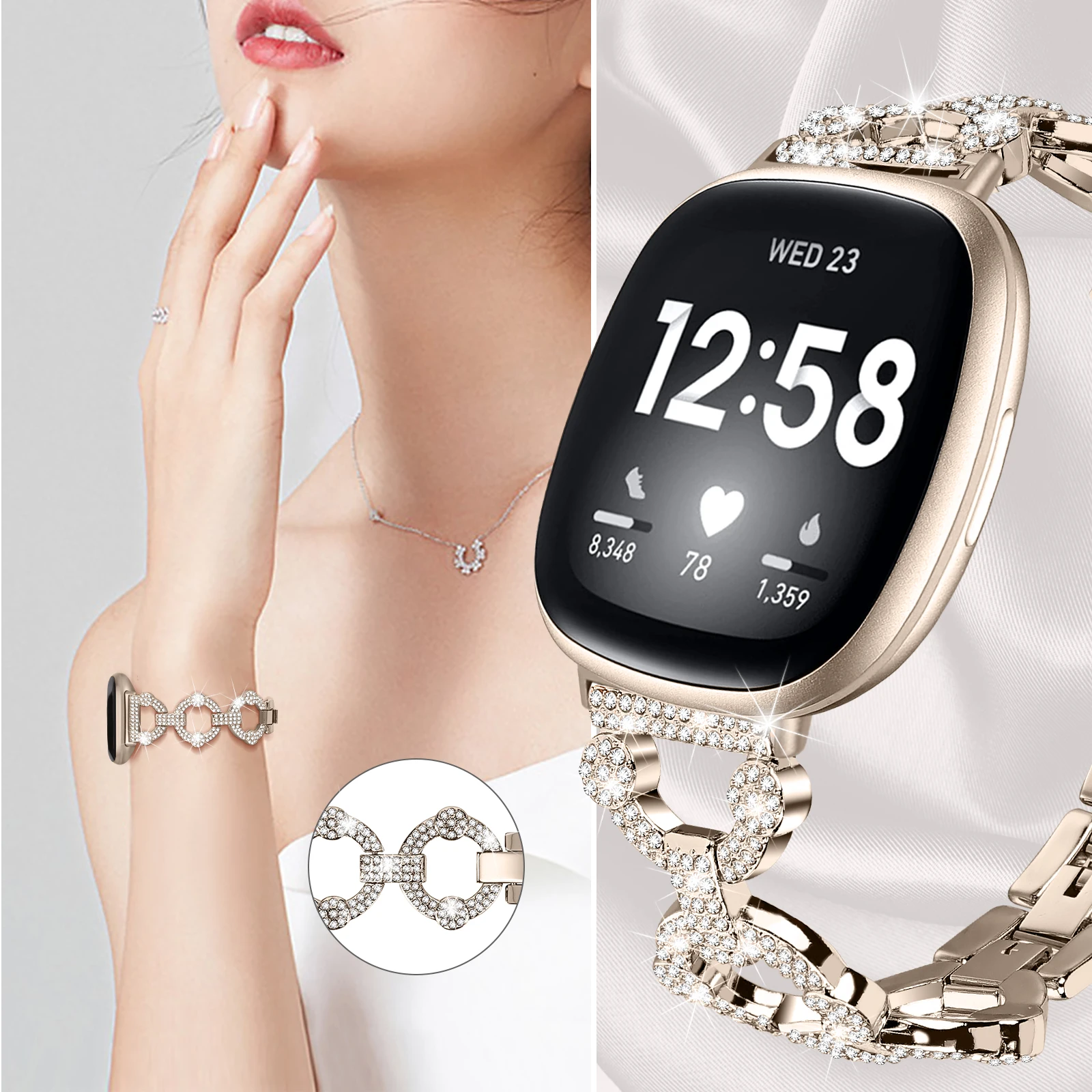 Metal Bling Bracelet For Fitbit Versa 4 Sense 2 Band Watch Strap Replacement Bling Watchband For Fitbit Versa 3 Sense Wristband