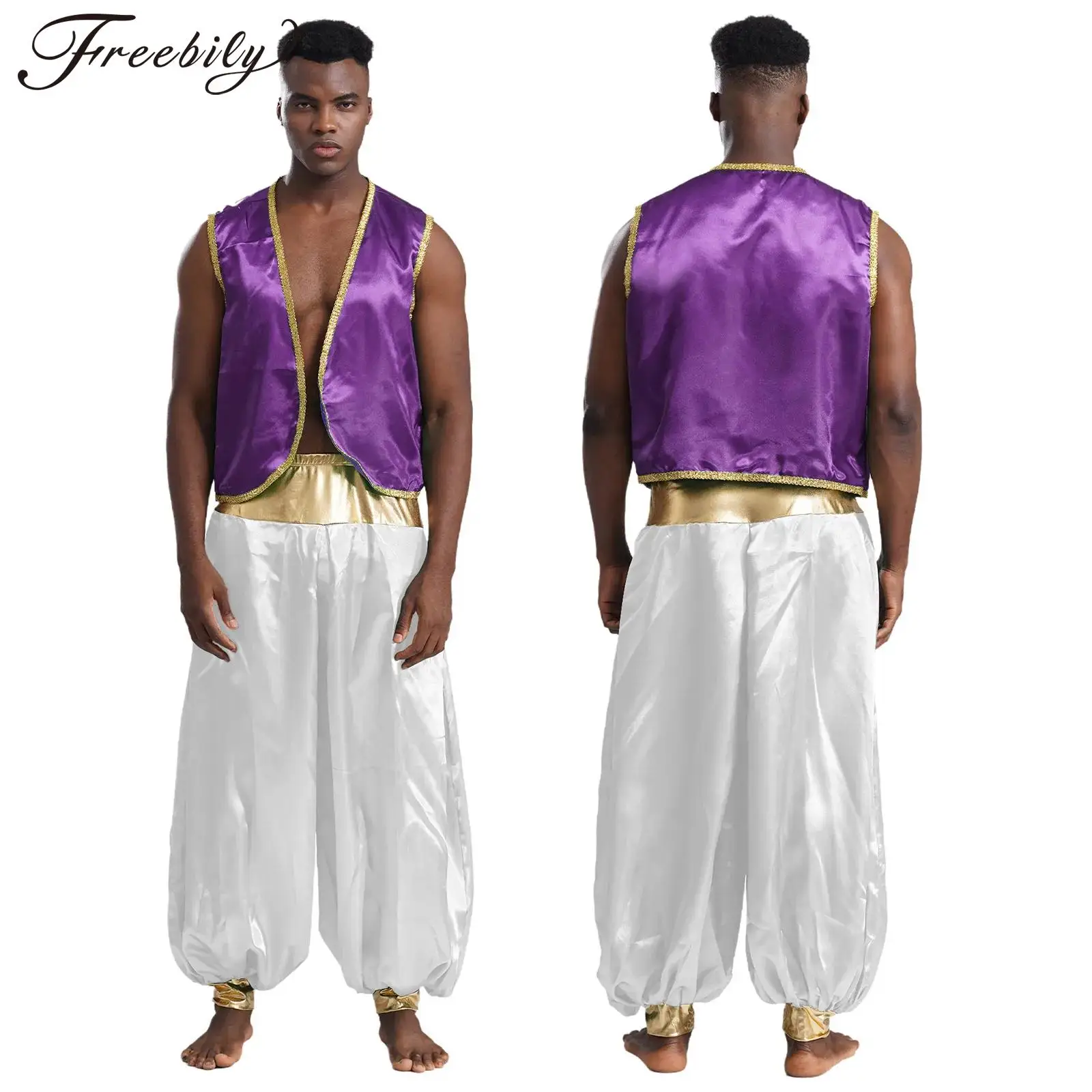 Mythische Halloween-Outfits für Herren, arabischer Prinz, Fleckenweste, glänzende Goldbesatz-Weste, indische Cosplay-Kostüme mit Laternenhose