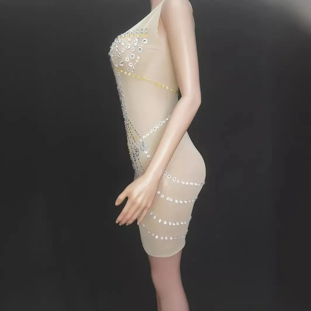 Nieuwe Mesh Diamond Ingelegd Perspectief Ritssluiting Slim Fit Korte Rok Vakantie Feestavond Jurk Zangeres Sexy Podium Outfit