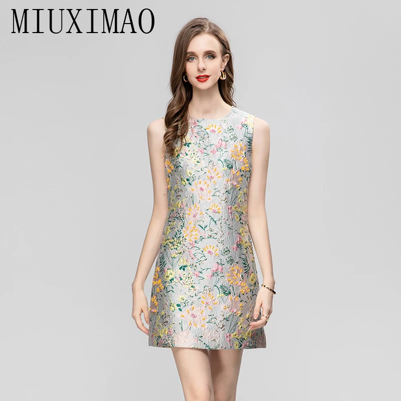 

MIUXIMAO 2023 Woman Clothing Sleeveless Jacquard Flower Diamonds Above Knee Retro One Piece Dress women's Luxury Party Dress