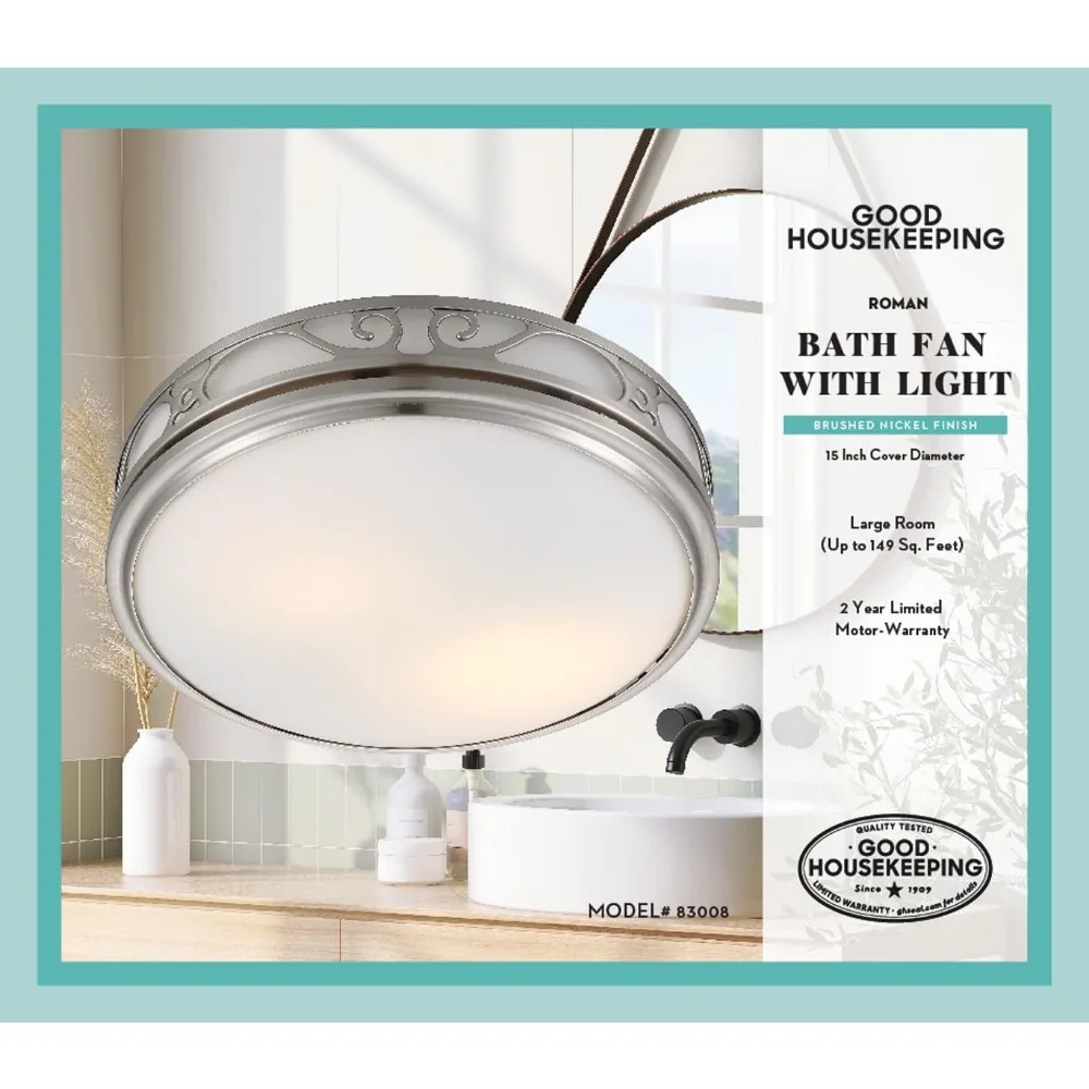 Ventilatore di scarico decorativo per bagno in stile romano 110 CFM 3.0 Sones con luce e luce notturna, finitura in nichel spazzolato