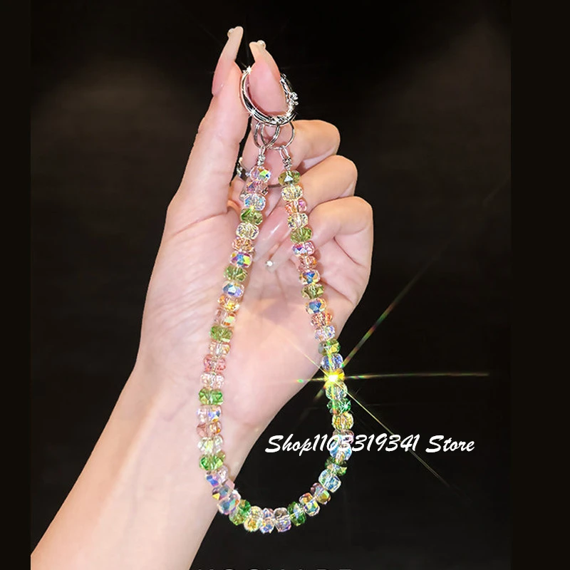 

INS Bling Color Crystal Bead Phone Charm Chain For Phone Bag Universal Accessories Handheld Chain Anti-Loss Short Wrist Lanyard
