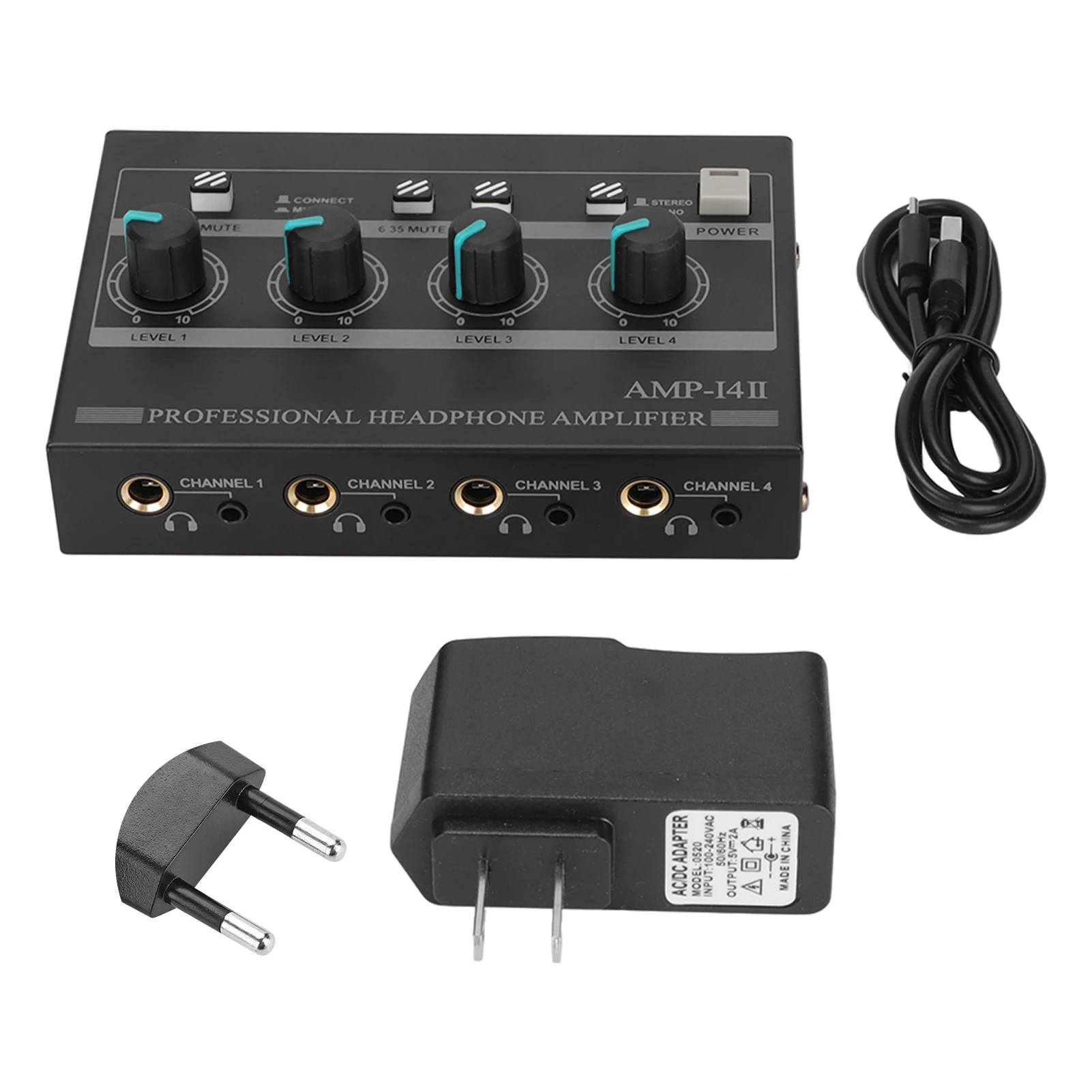 

AMP‑14II 4 Channel Headphone Amplifier Compact 4 Way Stereo Headphone Amplifier with 12V 2A Adaptor for Studio Stage