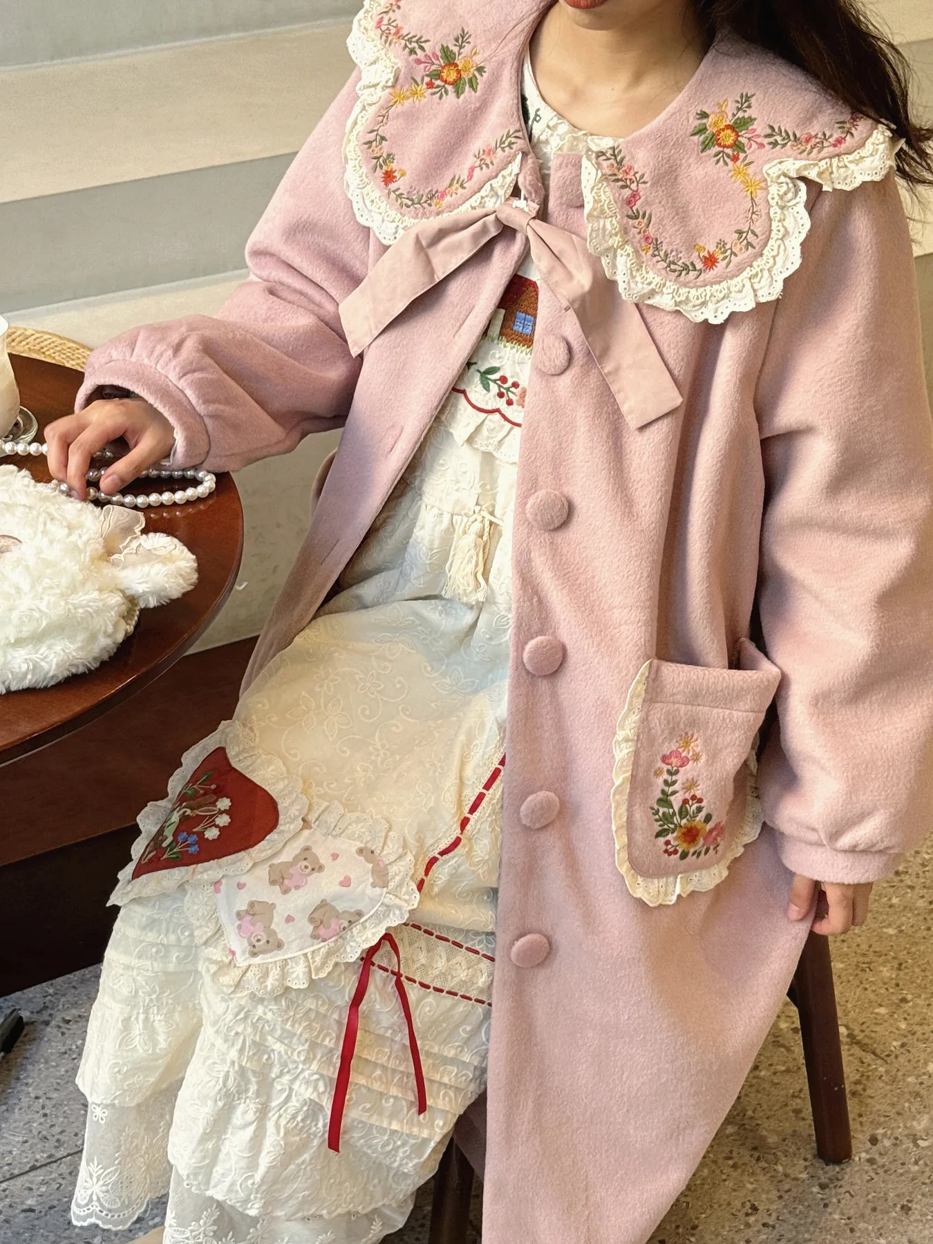 森ガールズ スイートロリータ ピンク ロングウールジャケット 秋冬新作 日本のかわいい女の子 スイート刺繍シングルブレストオーバーコート