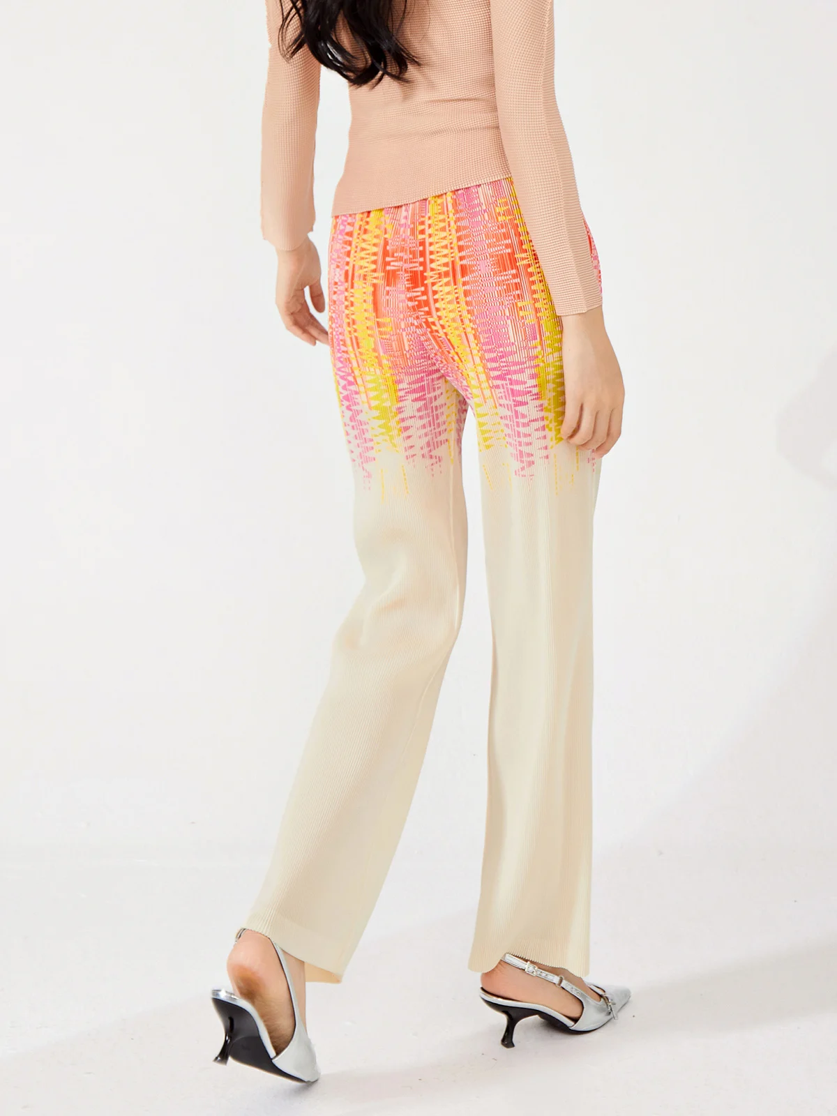 Women's Fashionable Casual Style Pleated Straight Wide Leg Pants Loose Stretch Printed Elastic Waist and Woven Fabric