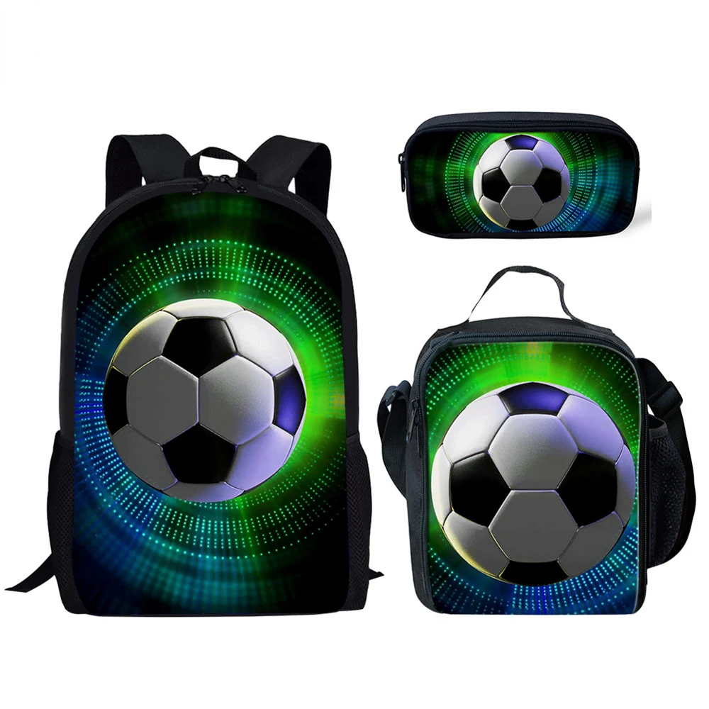 Mochila escolar con estampado 3D de balón de fútbol para adolescentes y niños, conjunto de 3 piezas con estuche para lápices, Mochila informal, bolsa de Almuerzo