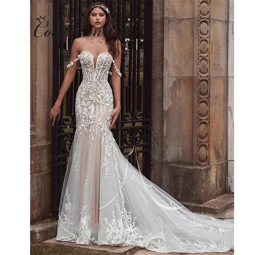 

Customized Off The Shoulder V Neck Vintage Lace Mermaid Wedding Dress 2024 Europe New Chapel Train Backless Wedding Gown W1324