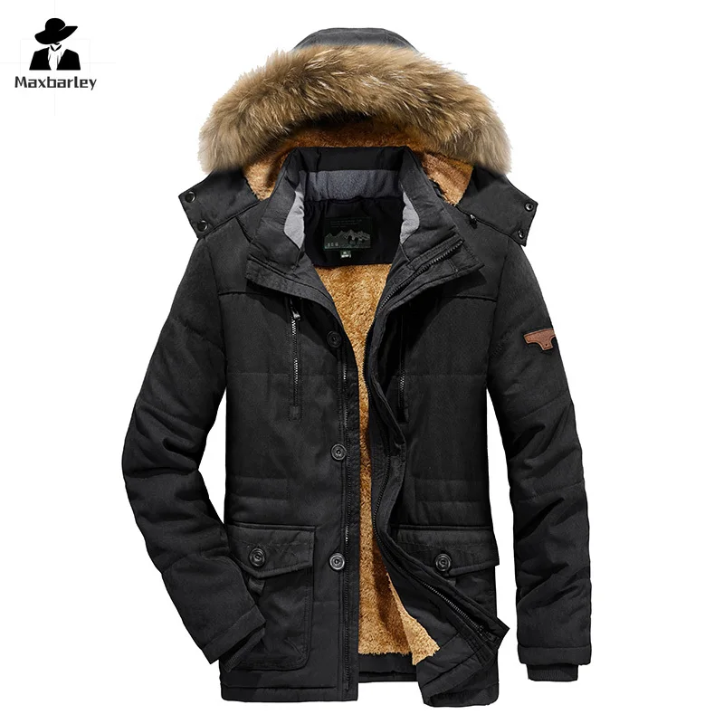 Inverno algodão-acolchoado masculino de alta qualidade meados de comprimento acolchoado pele à prova de frio com capuz parka terno de esqui ao ar livre bolso jaqueta grossa 6xl