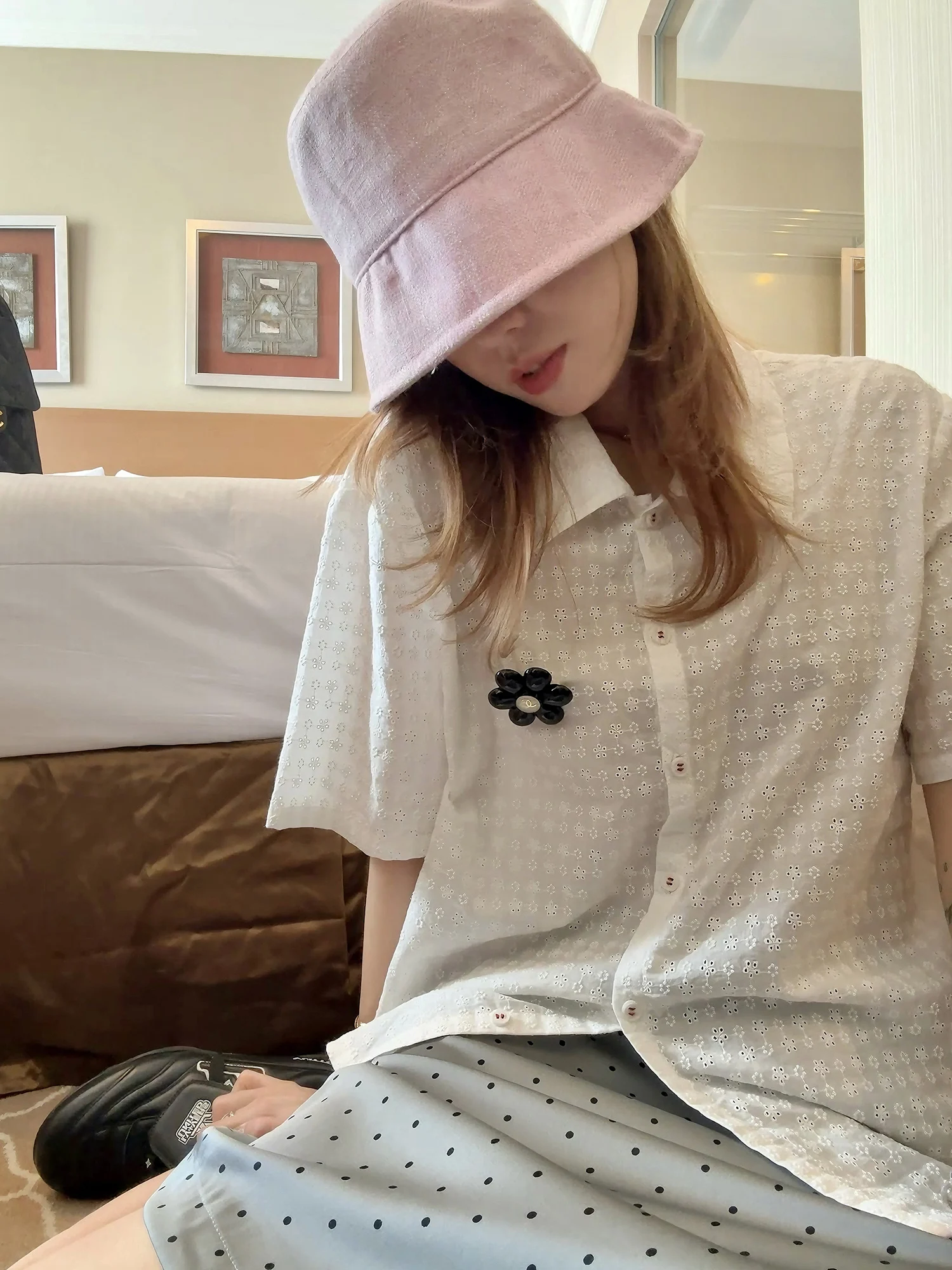 

LelyMooch Cotton Laser Cutwork ort Sve irt Women's Breathable Comfortable Pure Cotton Embroidered Turn-down Collar Top