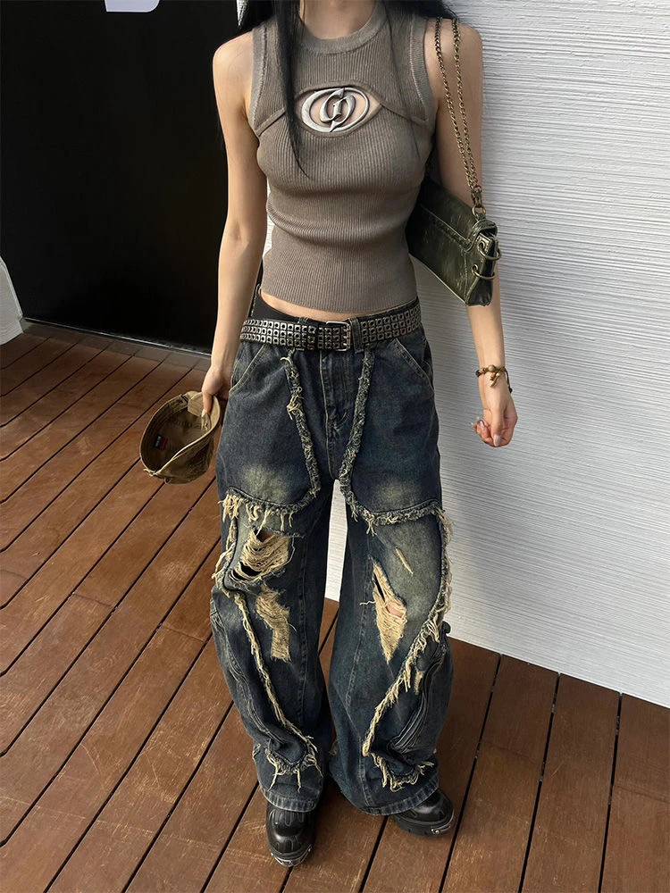 

Women's Tassel Big Pocket Design Wide-leg Jeans Cool Girl High Waisted Fashion Loose Pants Female Straight Retro Denim Trousers