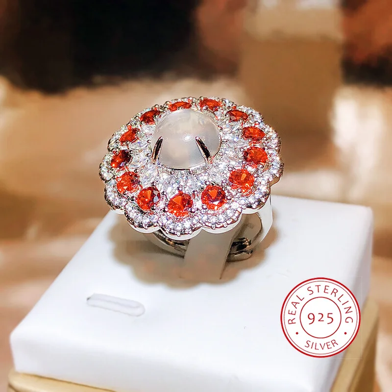 New Imitation Natural Opal Ring For Women 925 Silver Set Czech Diamond Orange Zircon Ring Party Wedding Jewelry Gift