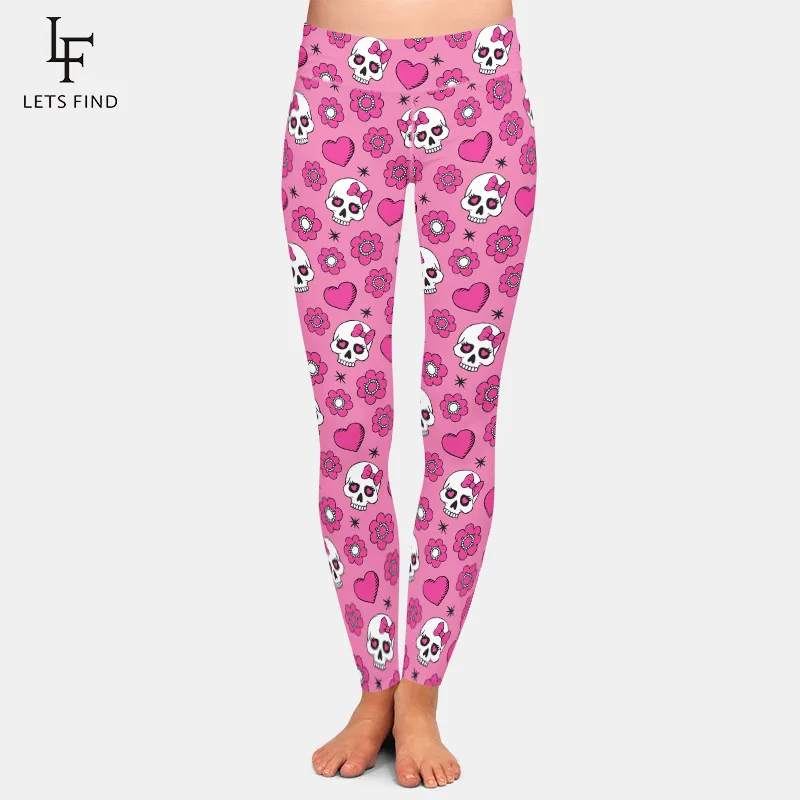 LETSFIND Celana Wanita Gambar Tengkorak Bunga 3D dan Motif Hati Legging Elastis Fitness Pinggang Tinggi Lembut dan Nyaman