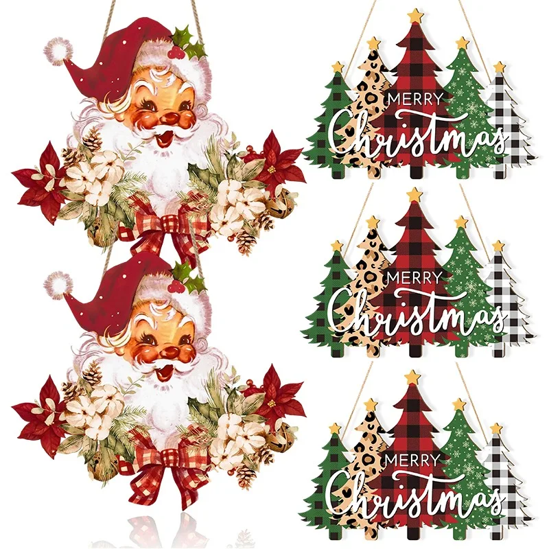 Wooden Christmas Door Hanger Santa Claus Rustic Farmhouse Sign with Cotton Pine Bells Pre Installed Hemp Rope Party Wall Decor