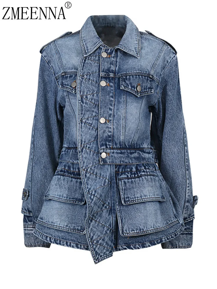 

ZMEENNA женская синяя джинсовая куртка в стиле милитари с рваной баской на талии и пуговицами с несколькими карманами, верхняя одежда ZM4243