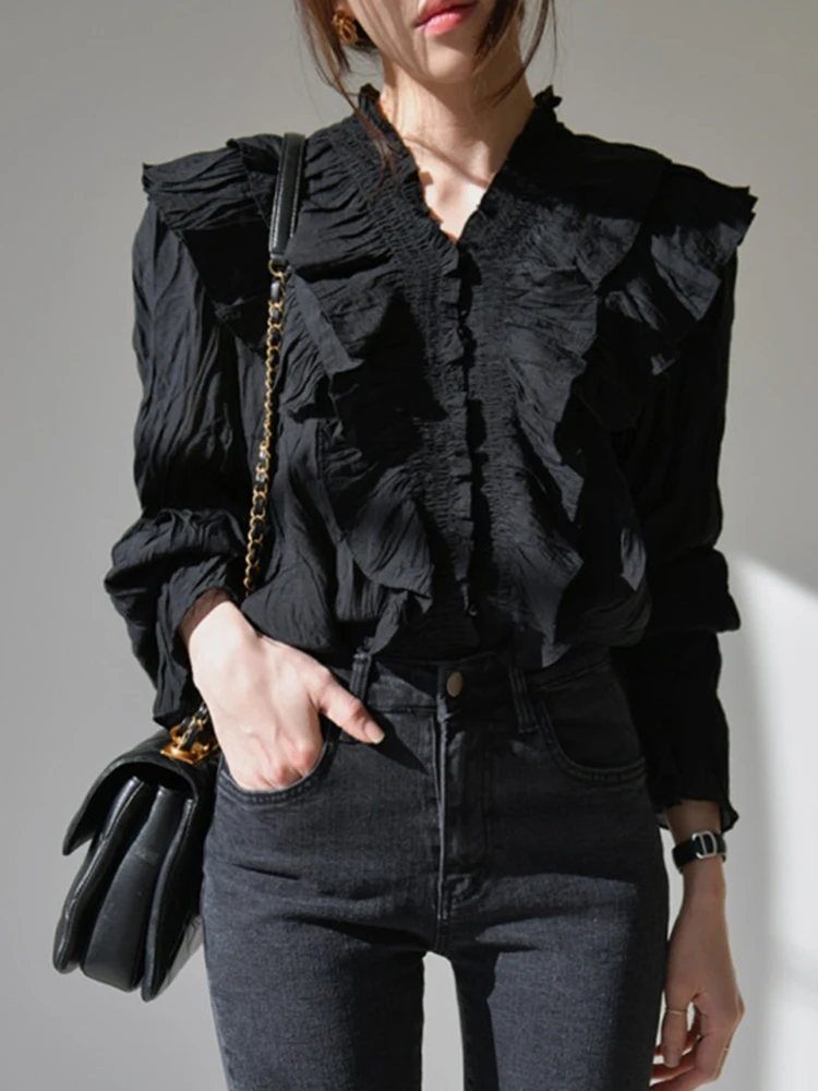 

Women Elegant V Neck Top Korean Inspired French Style Shirt with Delicate Pleats Ruffled Hem Breathable Comfort Blouse
