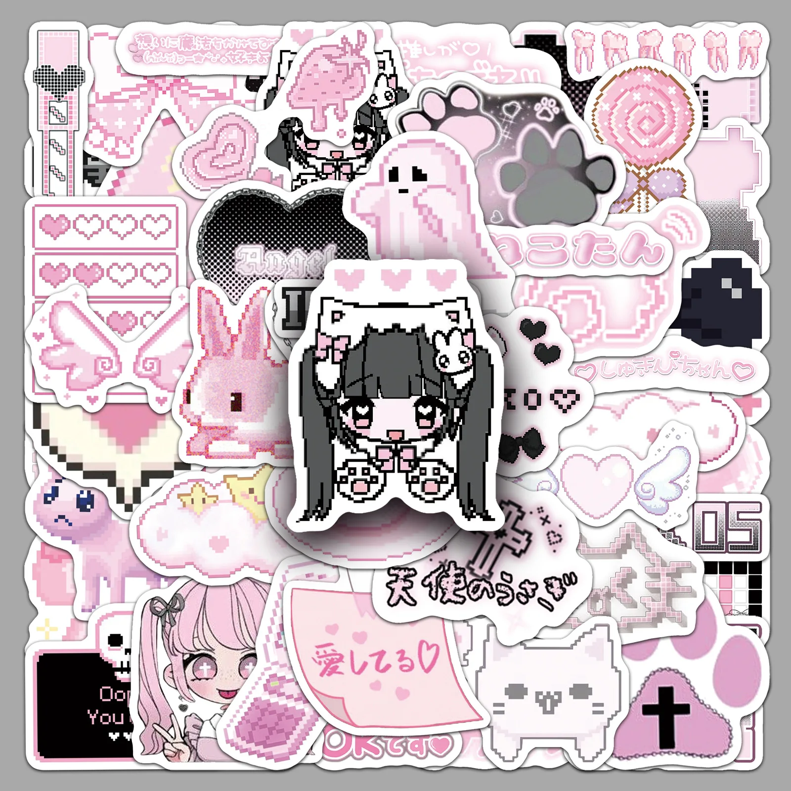 

50PCS Pink Kawaii Pixel Aesthetic Stickers Cute Goth Cartoon Style DIY Decorative Water Cup Laptop Waterproof Stickers Kids Toy