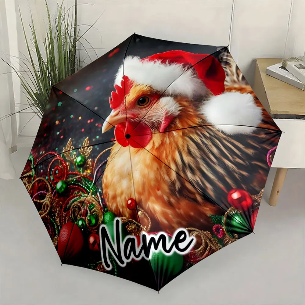 Custom Name Festive Chicken Santa Umbrella with Colorful Holiday Design 8 Iron Ribs Folding Umbrella Auto-Open Fashion Sunshade