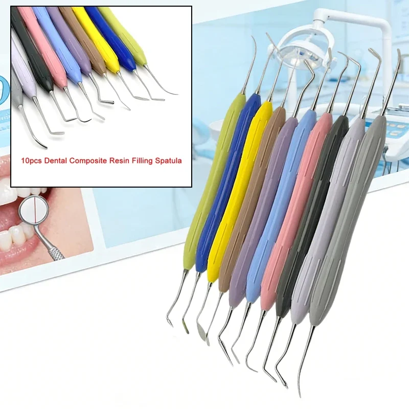 10pcs/Set Dental Filling Instruments w/Silicone Handle Resin Composite Restoration Aesthetic Dental Lab Set