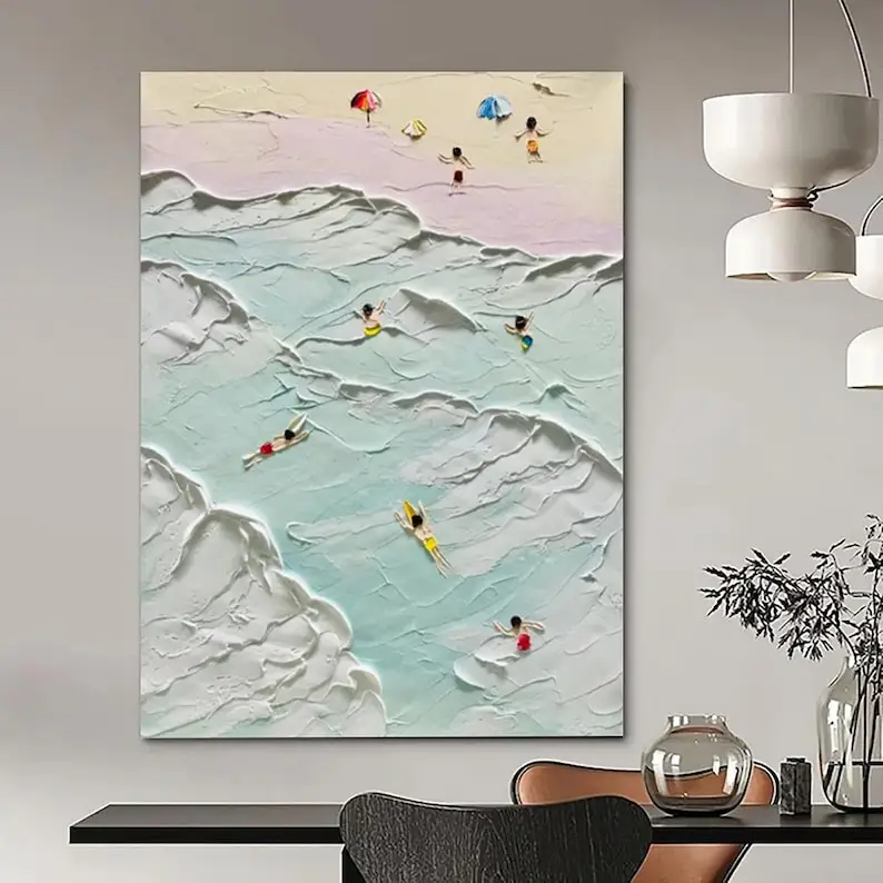 Happy Coast Painting Swimming Painting Original Abstract Seascape Seaside Oil Painting White Waves Beach Texture Home Decor Art
