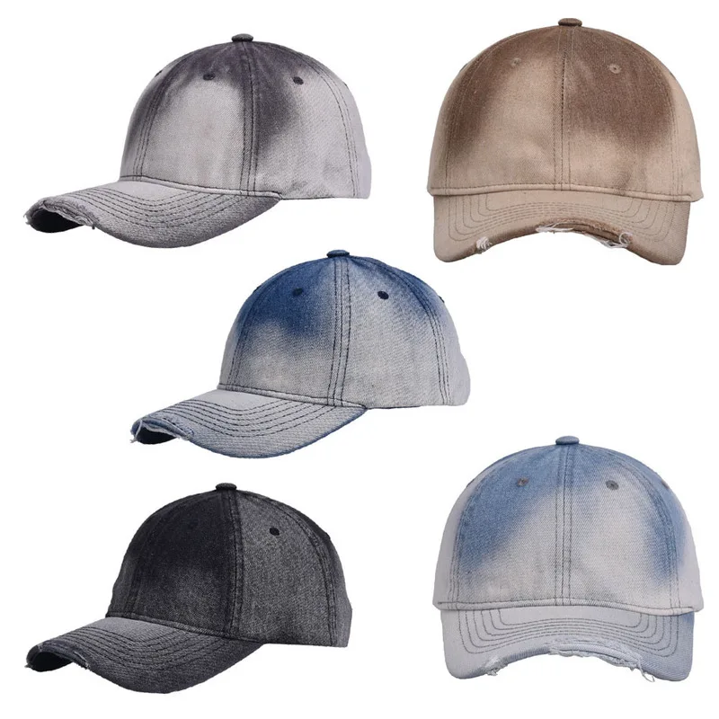Distressed tie-dye gradient denim baseball cap, casual ripped baseball cap for men and women, versatile casual hat