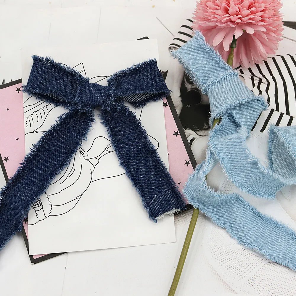 Denim Blue Polyester Ribbon with Spool Handmade Fringe Frayed Fabric Cloth for Wedding Invitations Bridal Bouquets Gift Wrapping